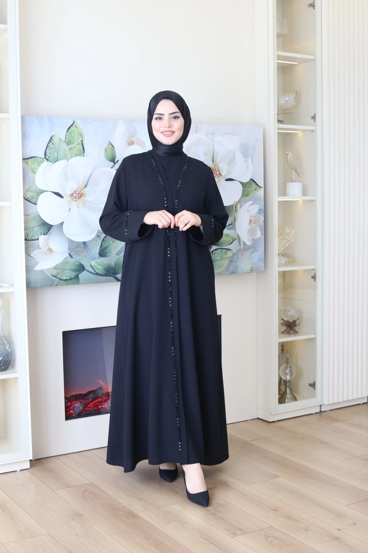 SİYAH SU YOLU TAŞLI ABAYA TAKIMI 2035 KOD