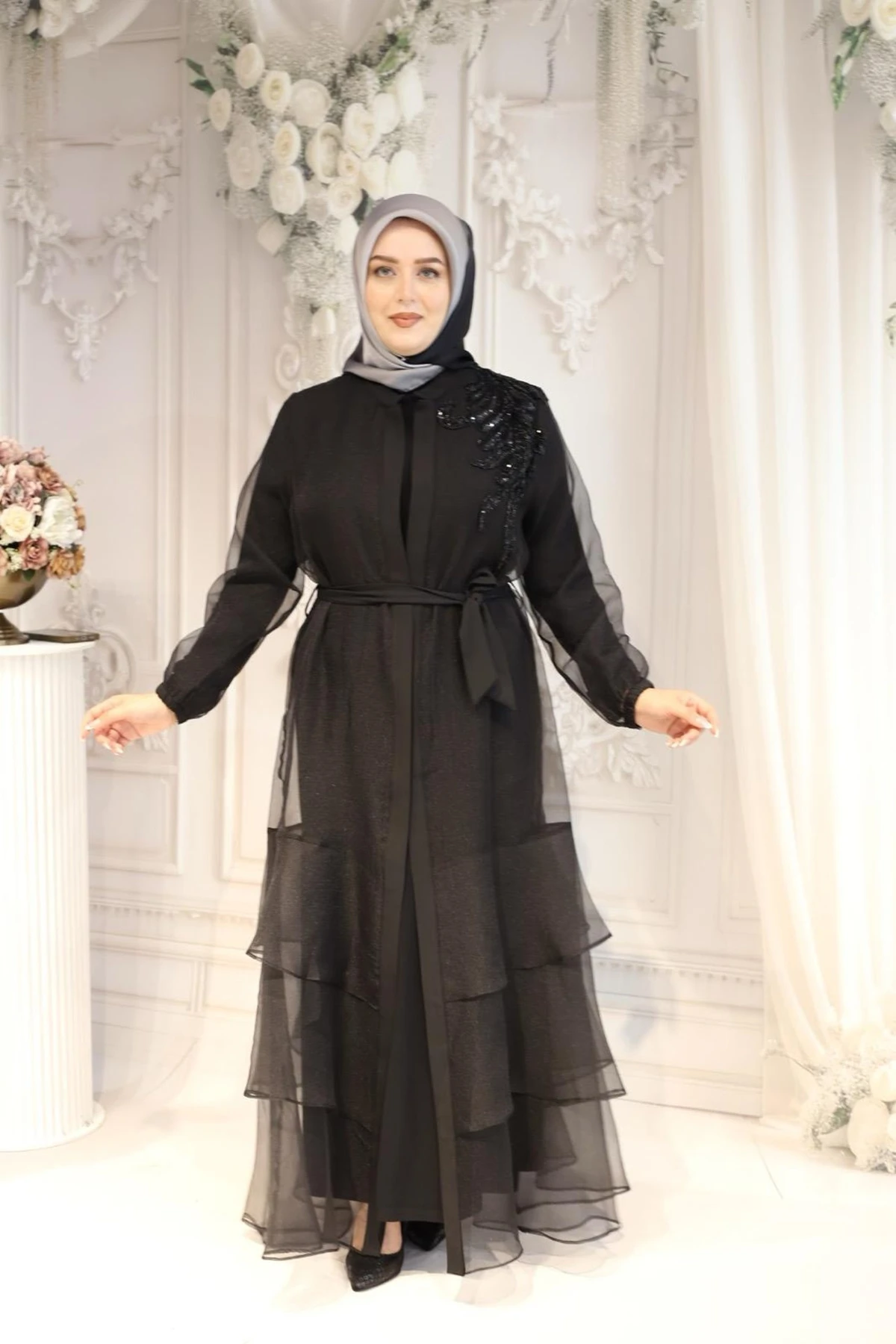 ORGANZE ETEĞİ KATLI ABAYA TAKIM 2131 KOD